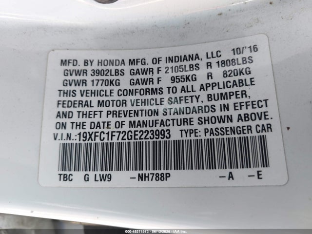 19XFC1F72GE223993 Honda Civic Ex-l