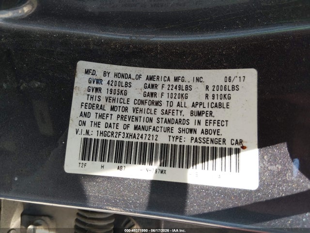 Auction sale of the 2017 Honda Accord Lx, vin: 1HGCR2F3XHA247212, lot number: 45371990