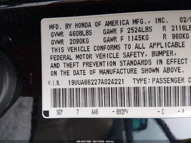 45371995 :رقم المزاد ، 19UUA66227A024221 vin ، 2007 Acura Tl 3.2 مزاد بيع