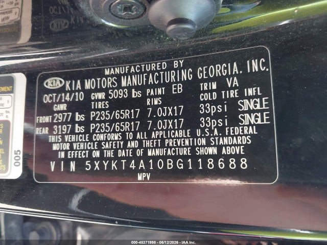 Aukcja sprzedaży 2011 Kia Sorento Lx, vin: 5XYKT4A10BG118688, numer aukcji: 45371998