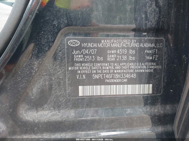 Aukcja sprzedaży 2008 Hyundai Sonata Gls V6, vin: 5NPET46F18H334648, numer aukcji: 45371999