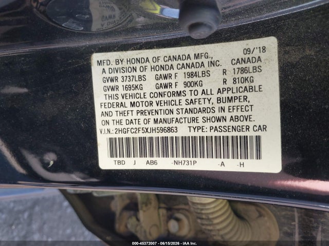 Honda Civic Lx 2018 2HGFC2F5XJH596863 Image 9