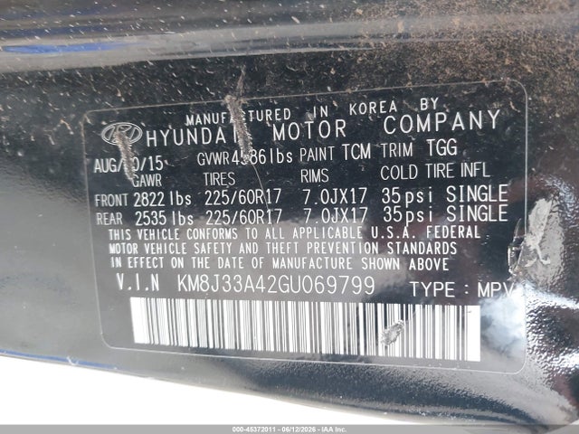 45372011 :رقم المزاد ، KM8J33A42GU069799 vin ، 2016 Hyundai Tucson Se مزاد بيع