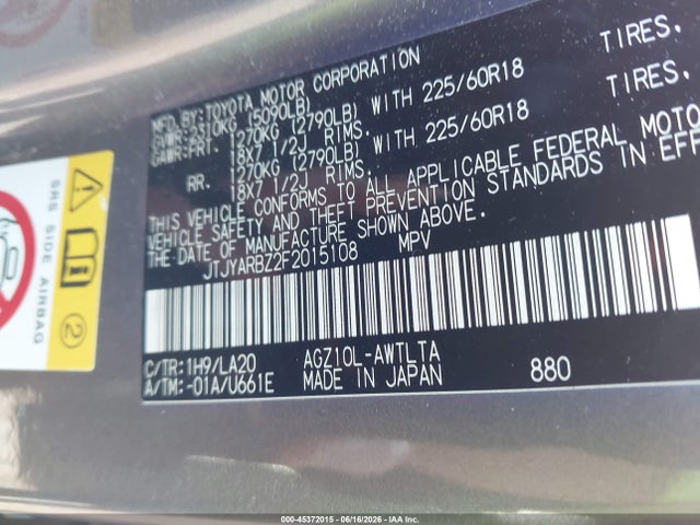 45372015 :رقم المزاد ، JTJYARBZ2F2015108 vin ، 2015 Lexus Nx 200t مزاد بيع