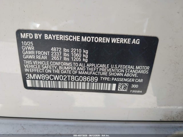Aukcja sprzedaży 2026 Bmw 330i Xdrive Na, vin: 3MW89CW02T8G08689, numer aukcji: 45372020