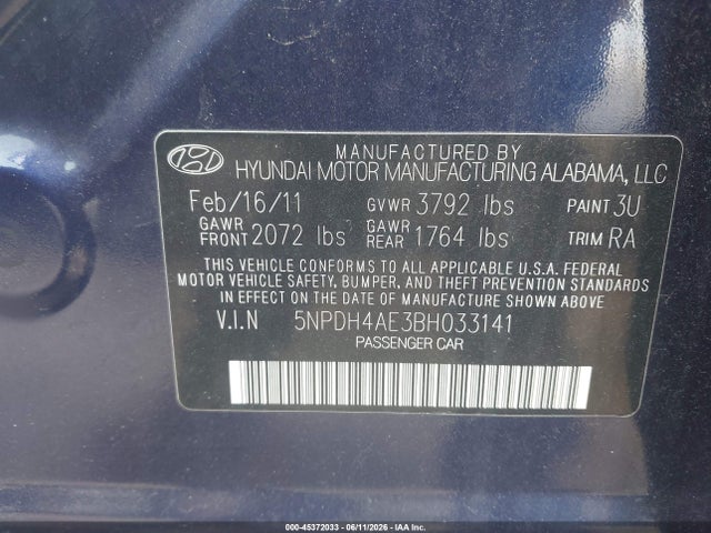 2011 Hyundai Elantra Gls მანქანა იყიდება აუქციონზე, vin: 5NPDH4AE3BH033141, აუქციონის ნომერი: 45372033