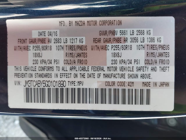 Mazda CX-9 SPORT 2016 JM3TCABY5G0101890 Image 9
