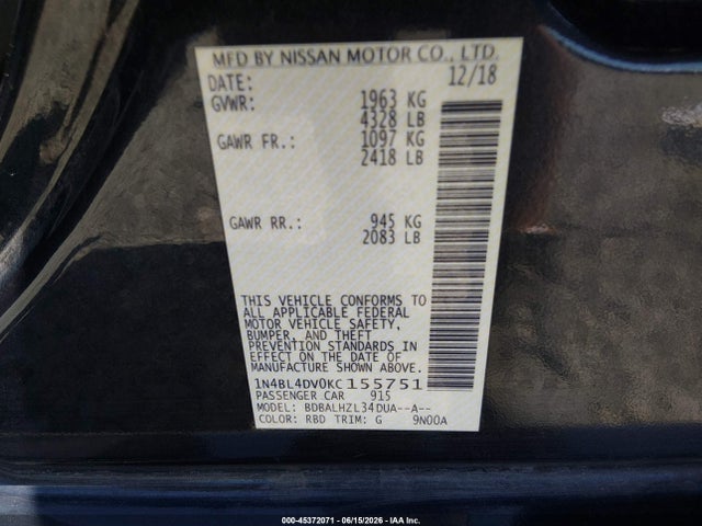Nissan Altima 2.5 Sv 2019 1N4BL4DV0KC155751 Image 9