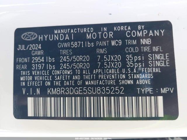 2025 Hyundai Palisade Xrt მანქანა იყიდება აუქციონზე, vin: KM8R3DGE5SU835252, აუქციონის ნომერი: 45372080