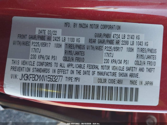 45372082 :رقم المزاد ، JM3KFBCMXN1593277 vin ، 2022 Mazda Cx-5 2.5 S Preferred مزاد بيع