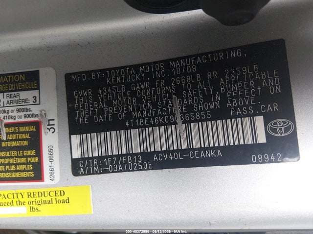 Aukcja sprzedaży 2009 Toyota Camry Le, vin: 4T1BE46K09U365855, numer aukcji: 45372085