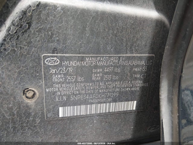Продажа на аукционе авто 2019 Hyundai Sonata Limited, vin: 5NPE34AF0KH771099, номер лота: 45372098