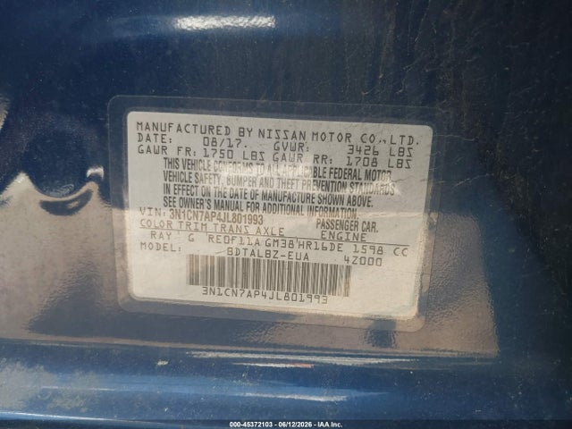 3N1CN7AP4JL801993 Nissan Versa 1.6 Sv