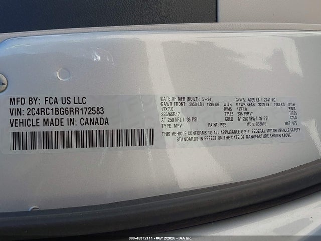 Aukcja sprzedaży 2024 Chrysler Pacifica Touring L, vin: 2C4RC1BG6RR172583, numer aukcji: 45372111