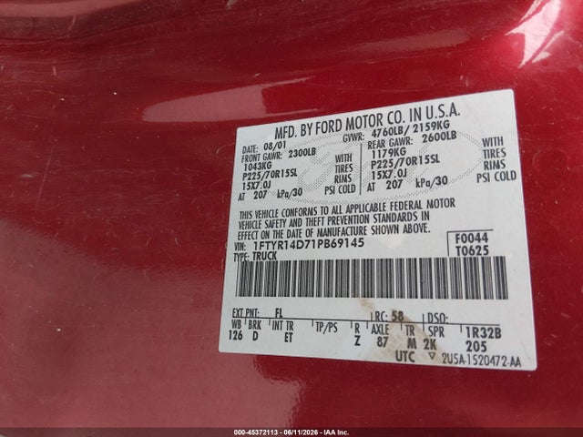 Aukcja sprzedaży 2001 Ford Ranger Xl/xlt, vin: 1FTYR14D71PB69145, numer aukcji: 45372113