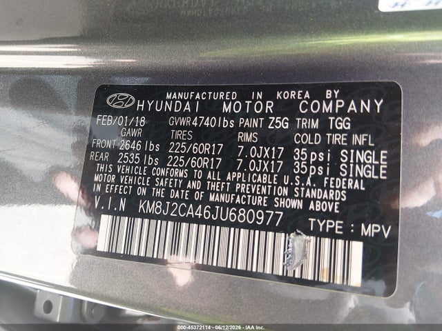 Aukcja sprzedaży 2018 Hyundai Tucson Se, vin: KM8J2CA46JU680977, numer aukcji: 45372114