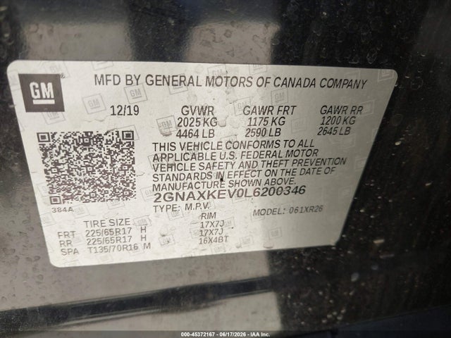2GNAXKEV0L6200346 Chevrolet Equinox Fwd Lt 1.5l Turbo