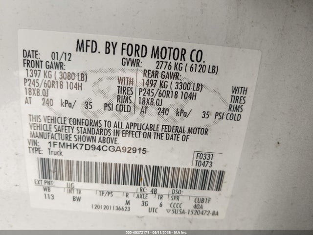 2012 Ford Explorer Xlt მანქანა იყიდება აუქციონზე, vin: 1FMHK7D94CGA92915, აუქციონის ნომერი: 45372171