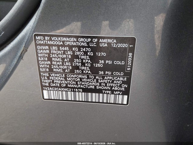 45372214 :رقم المزاد ، 1V2AC2CAXMC211575 vin ، 2021 Volkswagen Atlas Cross Sport 2.0t S مزاد بيع