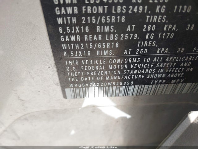 Aukcja sprzedaży 2013 Volkswagen Tiguan S, vin: WVGBV7AX2DW548398, numer aukcji: 45372223