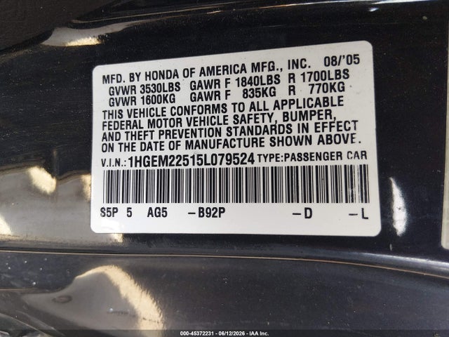 Aukcja sprzedaży 2005 Honda Civic Lx, vin: 1HGEM22515L079524, numer aukcji: 45372231