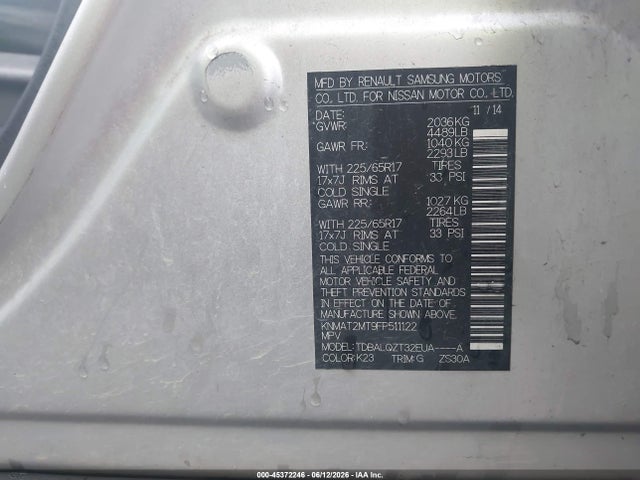 Auction sale of the 2015 Nissan Rogue Sv, vin: KNMAT2MT9FP511122, lot number: 45372246