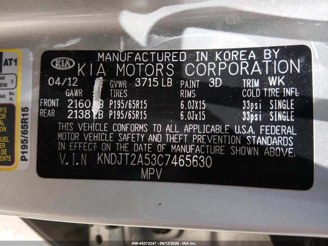 45372247 :رقم المزاد ، KNDJT2A53C7465630 vin ، 2012 Kia Soul مزاد بيع