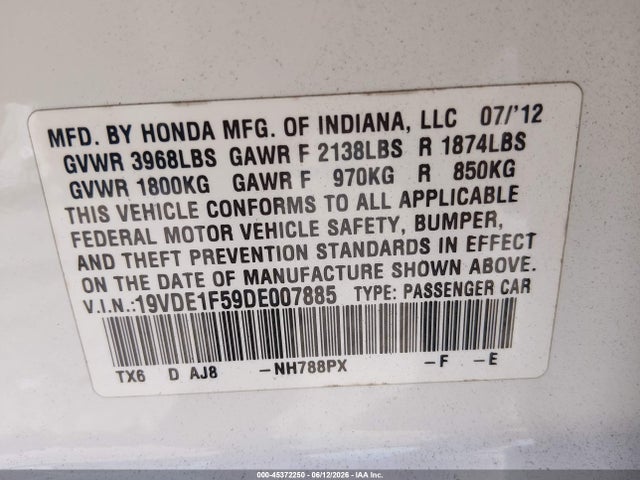 45372250 :رقم المزاد ، 19VDE1F59DE007885 vin ، 2013 Acura Ilx 2.0l مزاد بيع