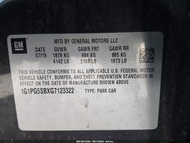 45372263 :رقم المزاد ، 1G1PG5SBXG7123322 vin ، 2016 Chevrolet Cruze Limited Ltz Auto مزاد بيع