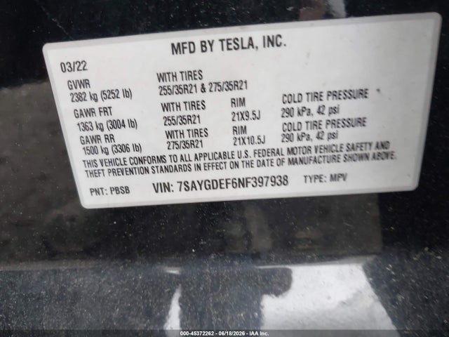 Aukcja sprzedaży 2022 Tesla Model Y Performance Dual Motor All-wheel Drive, vin: 7SAYGDEF6NF397938, numer aukcji: 45372262