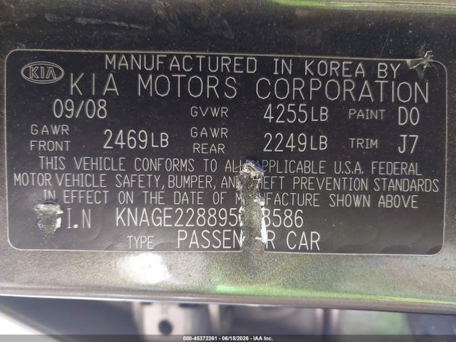 Продажа на аукционе авто 2009 Kia Optima Lx, vin: KNAGE228895288586, номер лота: 45372261