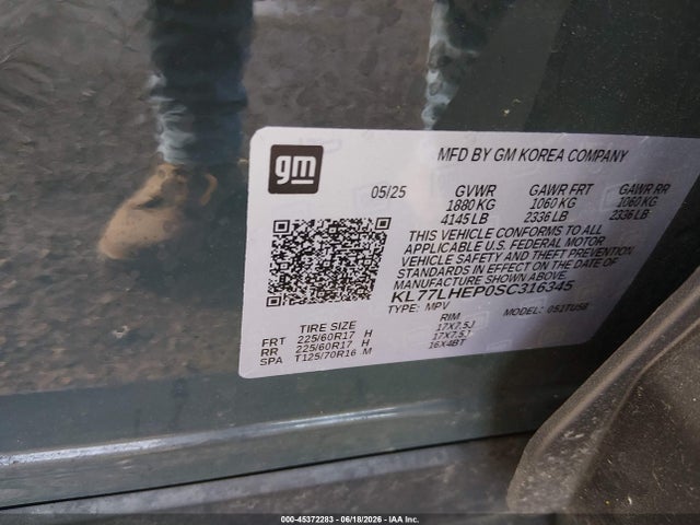 Aukcja sprzedaży 2025 Chevrolet Trax Fwd Lt, vin: KL77LHEP0SC316345, numer aukcji: 45372283
