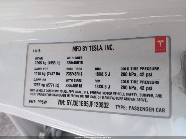 Aukcja sprzedaży 2018 Tesla Model 3 Long Range/performance, vin: 5YJ3E1EB5JF120832, numer aukcji: 45372285