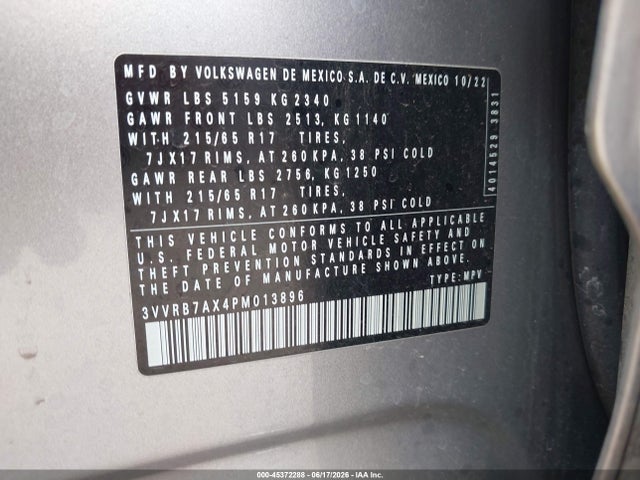 Aukcja sprzedaży 2023 Volkswagen Tiguan 2.0t S, vin: 3VVRB7AX4PM013896, numer aukcji: 45372288