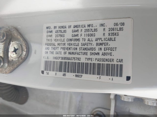 Aukcja sprzedaży 2008 Honda Accord 3.5 Ex-l, vin: 1HGCP36858A075792, numer aukcji: 45372307
