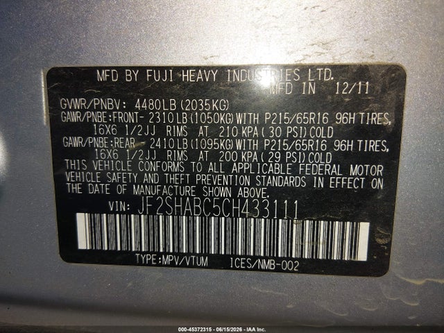 Продажа на аукционе авто 2012 Subaru Forester 2.5x, vin: JF2SHABC5CH433111, номер лота: 45372315
