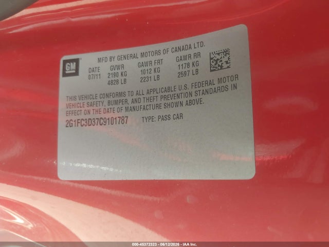 45372323 :رقم المزاد ، 2G1FC3D37C9101787 vin ، 2012 Chevrolet Camaro 2lt مزاد بيع