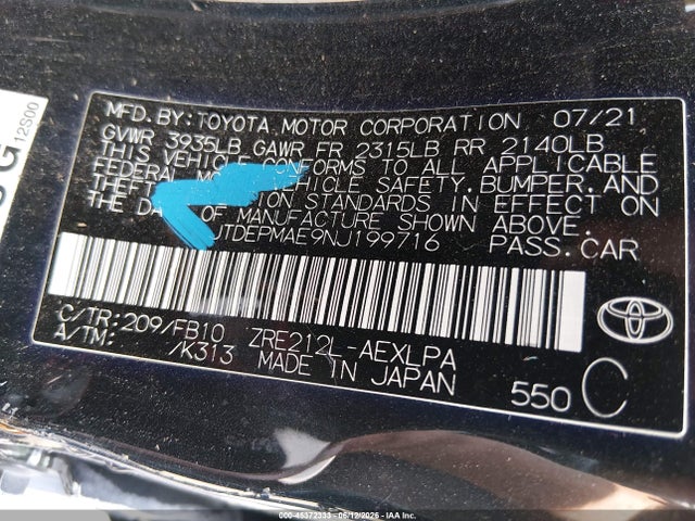Aukcja sprzedaży 2022 Toyota Corolla Le, vin: JTDEPMAE9NJ199716, numer aukcji: 45372333