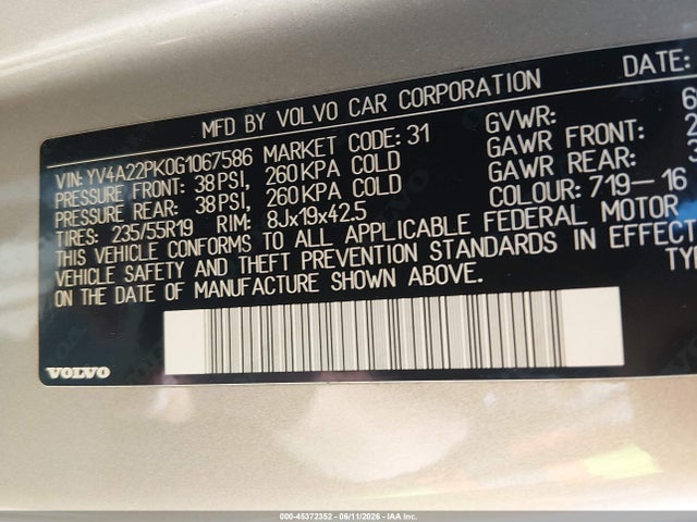 45372352 :رقم المزاد ، YV4A22PK0G1067586 vin ، 2016 Volvo Xc90 T6 Momentum مزاد بيع