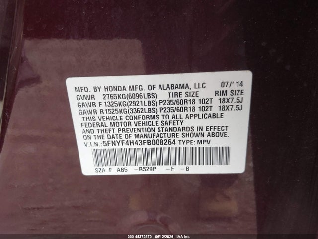 2015 Honda Pilot Ex მანქანა იყიდება აუქციონზე, vin: 5FNYF4H43FB008264, აუქციონის ნომერი: 45372370