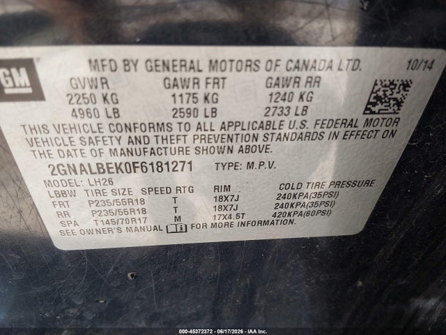 Chevrolet EQUINOX 1LT 2015 2GNALBEK0F6181271 Image 9