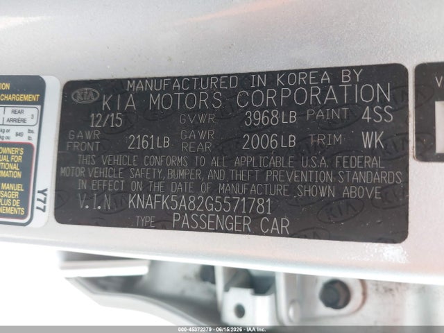 Aukcja sprzedaży 2016 Kia Forte Lx, vin: KNAFK5A82G5571781, numer aukcji: 45372379
