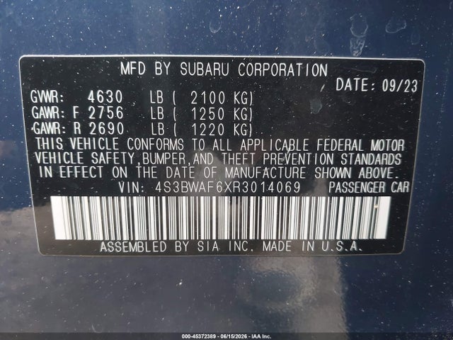 Aukcja sprzedaży 2024 Subaru Legacy Premium, vin: 4S3BWAF6XR3014069, numer aukcji: 45372389