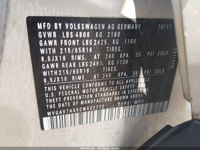 Aukcja sprzedaży 2012 Volkswagen Tiguan S, vin: WVGAV7AX5CW532772, numer aukcji: 45372391