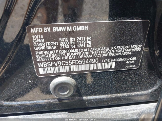 Продажа на аукционе авто 2015 Bmw M5, vin: WBSFV9C55FD594490, номер лота: 45372407