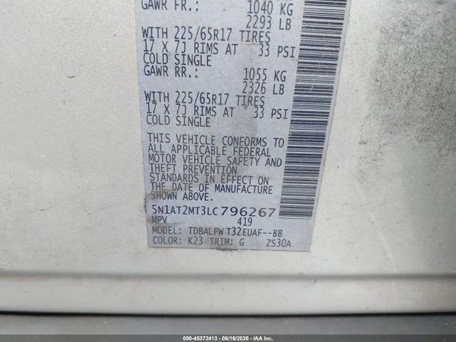 2020 Nissan Rogue S Fwd მანქანა იყიდება აუქციონზე, vin: 5N1AT2MT3LC796267, აუქციონის ნომერი: 45372413