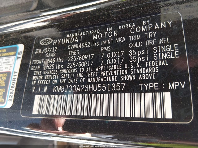 Aukcja sprzedaży 2017 Hyundai Tucson Eco, vin: KM8J33A23HU551357, numer aukcji: 45372422