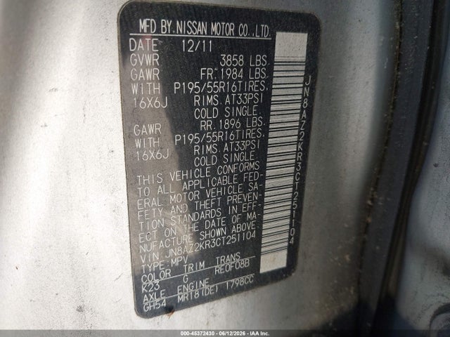 Aukcja sprzedaży 2012 Nissan Cube 1.8 Sl, vin: JN8AZ2KR3CT251104, numer aukcji: 45372430