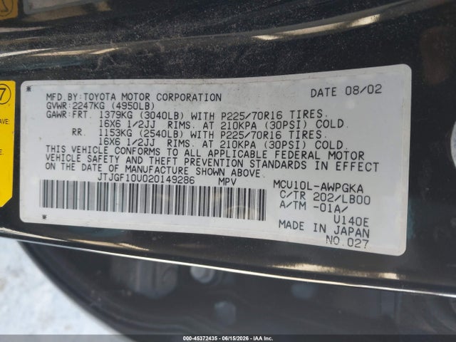Aukcja sprzedaży 2002 Lexus Rx 300, vin: JTJGF10U020149286, numer aukcji: 45372435