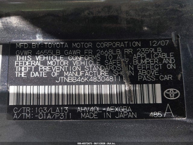 Aukcja sprzedaży 2008 Toyota Camry Hybrid, vin: JTNBB46K483048111, numer aukcji: 45372473